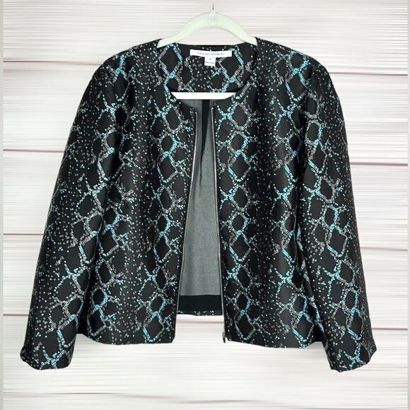 Diane Von Furstenberg DVF Women Full Zip Short Boxy Blazer Jacket Black Blue 14 - Picture 4 of 12